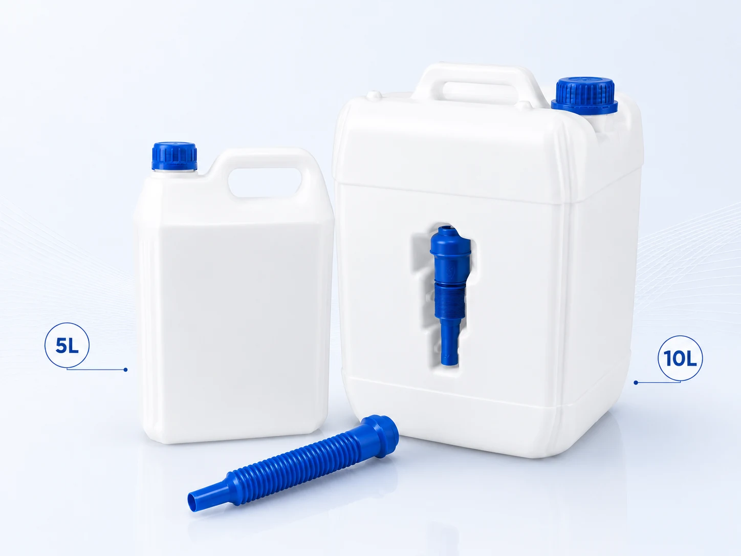 Kanistry MERPACK 5 l i 10 l z wnęką na lejek oraz niebieski lejek